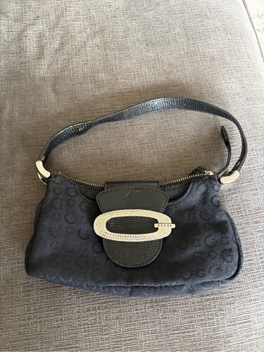 Guess Vintage Y2K by Marciano Timeless, Black Monogram Rhinestone Baguette Bag